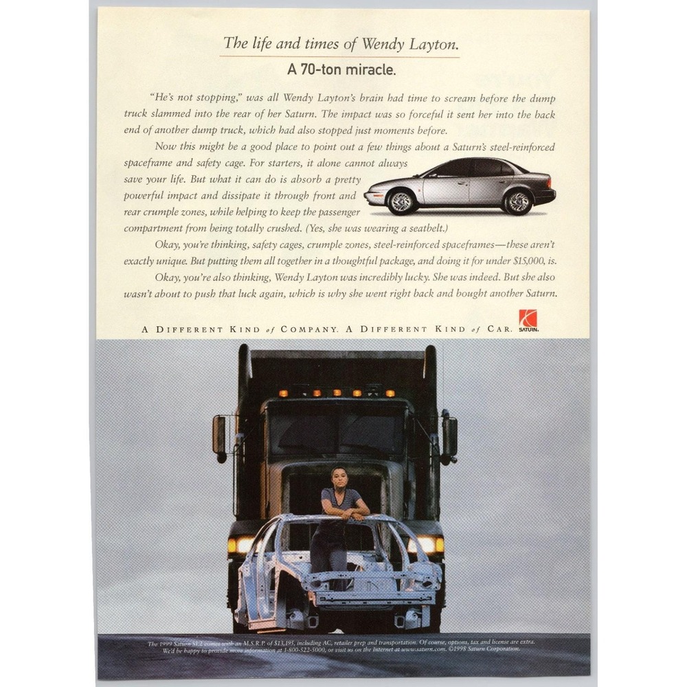 1999 New Model Saturn‎ SL2 Safety Spaceframe Technology Vintage Print Ad 1998
